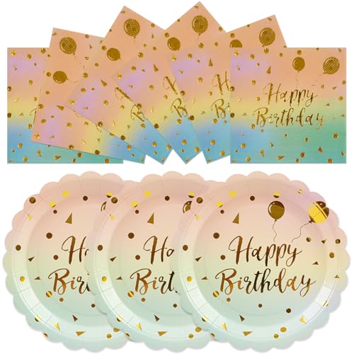 HFBOBP 50PCS Happy Birthday Paper Plates and Napkins Set - 7 Inch Colorful and Gold Birthday Cake Plates Scalloped Dessert Plate Disposable Tableware for Birthday's Party Supplies Decorations