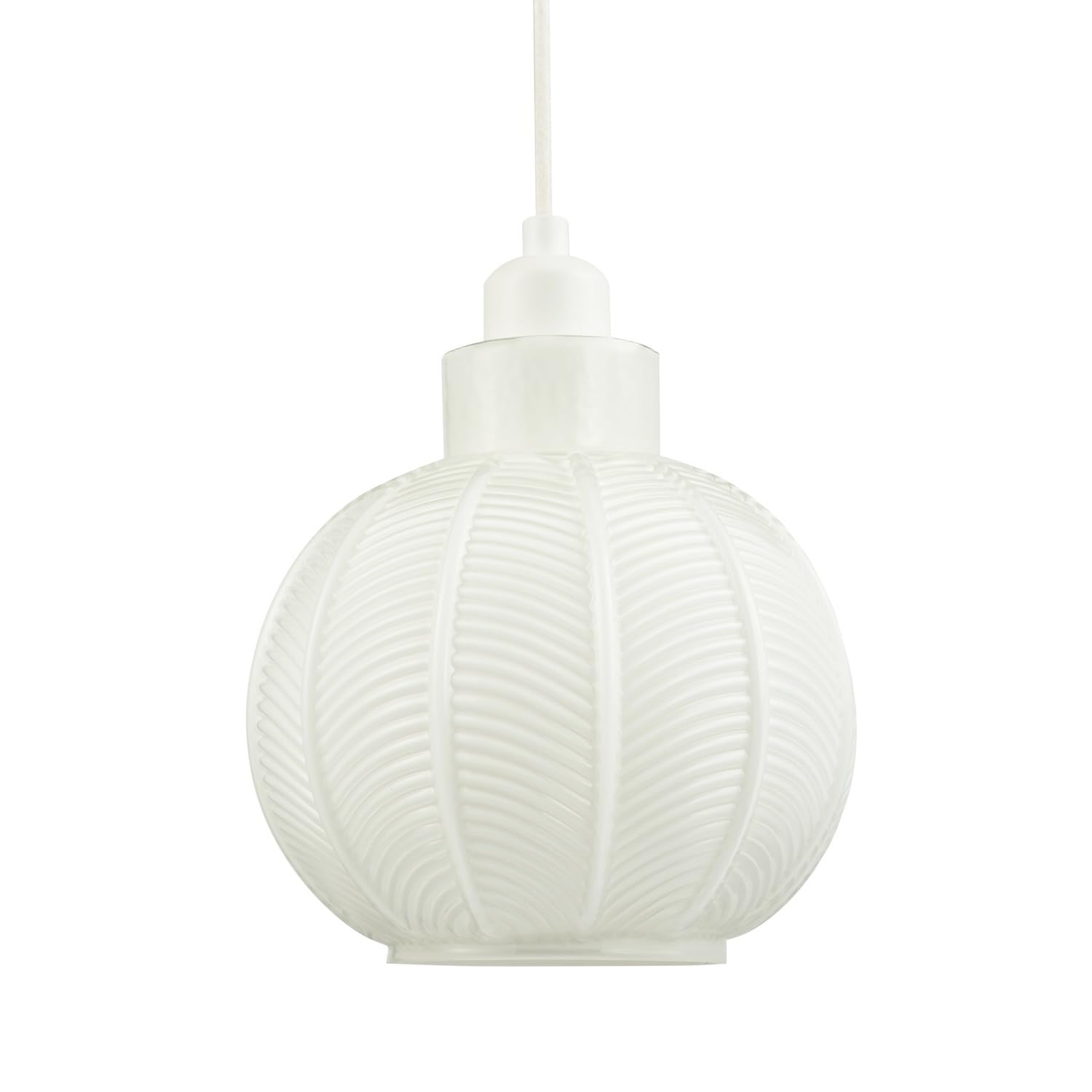 Happy Homewares White Contemporary Ribbed Leaf Themed Glossy Opal Glass Round Pendant Lighting Shade | 40W Maximum | X 20Cm | Etched Lines By 21Cm