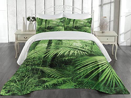 Ambesonne Rainforest Coverlet, Palm Trees And Exotic Plants In Tropical Jungle Wild Nature Theme Illustration, 3 Piece Decorative Quilted Bedspread Set With 2 Pillow Shams, Queen Size, Green #TOP16