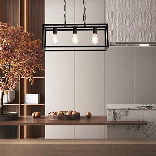 Ligotfire Modern Chandeliers Rectangle Black 3 Light Dining Room Lighting Fixtures Hanging,Kitchen Island Cage Linear Pendant Farmhouse Ceiling Light #TOP2