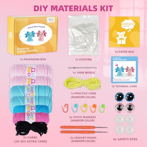 Image of MOREJMTT Crochet Kit for Beginners, Crochet Animal Kits,Crocheting Kit for Starters with Step-by-Step Video Tutorials, Beginner Crochet Kits for Adults (2Pack Axolotl)