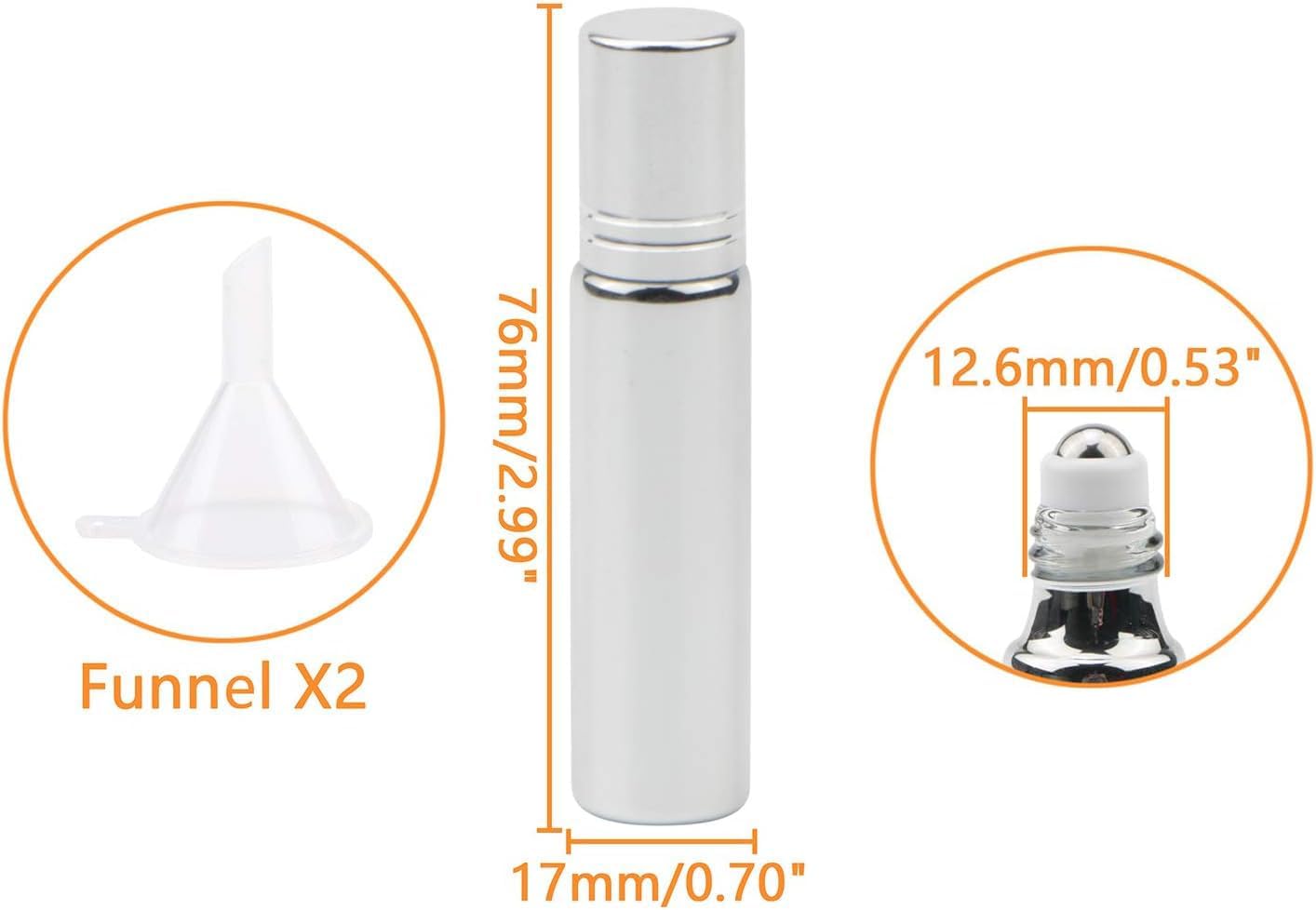 Ellbest 10ml Essential Oil Roller Bottle, Silver, 8-Pack | Portable Mini, Stainless Steel Balls, Includes Funnels, Roll-on Container, for Perfume, Sample