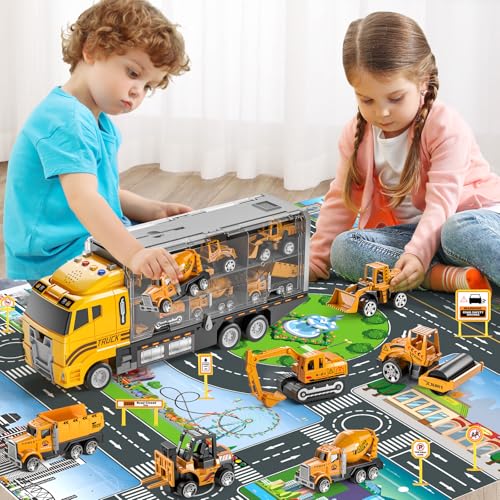 TEMI Construction Truck Set with Play Mat, Carrier Truck Toys for Kids Toddlers, Die-Cast Metal Toy Car Set, Christmas Birthday Gift for Age 3 4 5 6 + Years Old Boys Girls - Image 4