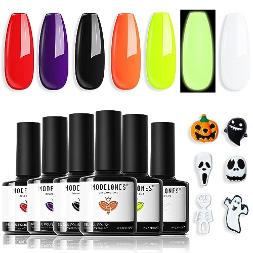 Image of Modelones Gel Nail Polish Set 6 Colors Halloween Glow in the Dark Neon Green Orange Purple Red Black Gel Polish Set Soak Off LED Nail Art Kit Gift with Nail Stikers