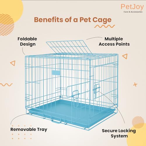 Image of PETJOY Foldable Metal Dog Cage | Dog Crate Kennel for Puppies, Small Dogs, Cats & Rabbits | Single Door with Secure Lock, Removable Leak-Proof Tray | Portable & Easy to Clean Pet Cage (Blue, 30 INCH)