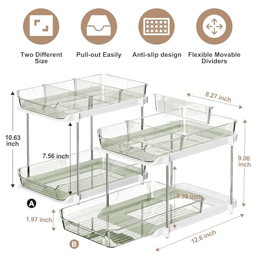 Image of Delamu 2-Tier Multi-Purpose Bathroom Under Sink Organizers and Storage, Stackable Kitchen Pantry Organization, Pull Out Medicine Cabinet Organizer with Movable Dividers, Light Green, 2 Pack
