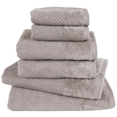 Pure Label 6-TLG. Handtücher Set mit Aufhängeschlaufen aus 100% Baumwolle, saugstark und weich - 2X Badetuch (70x140 cm) 2X Handtuch (50x100cm) 2X Gästetuch (30x50 cm) - Taupe