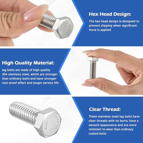 Image of Zonon 50 Pcs 3 /8-16 x 1-1 /4 inch Hex Head Screw Bolt 18-8 (304) Stainless Steel Hexagon Bolts, Fully Threaded, Plain Finish, External Hex Drive (Silver)