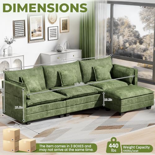 Image of LEVELEVE 112.5 inch L-Shape Modular Sofa with 1 Ottomans, Deep Seat Cloud Convertible Sleeper, 3 Throw 2 Arm Pillows, Comfortable Upholstered Furniture for Living Room Apartment, Green