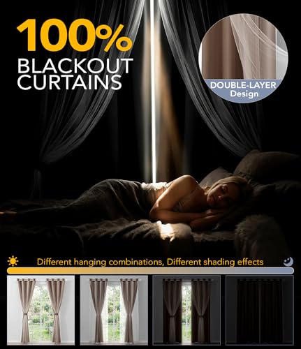 Image of 100% Blackout Curtains with Sheer Overlay, Brown, 52 x 63 inch, 2 Panels | For Bedroom Living Room Window, Room Darkening, Thermal Insulated, Grommet Top, Summer Heat Blocking, Double Layer Design