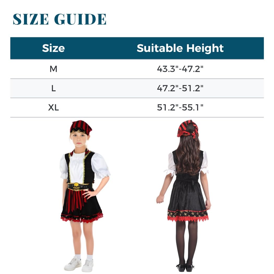 Mädchen Piratenkostüm, Piratenkleid für Kinder, Cosplay Piratenoutfit mit Kleid, Gürtelschärpe und Stirnband, Rollenspiel Verkleidung für Mädchen, schwarz rot mit Totenkopf-Muster