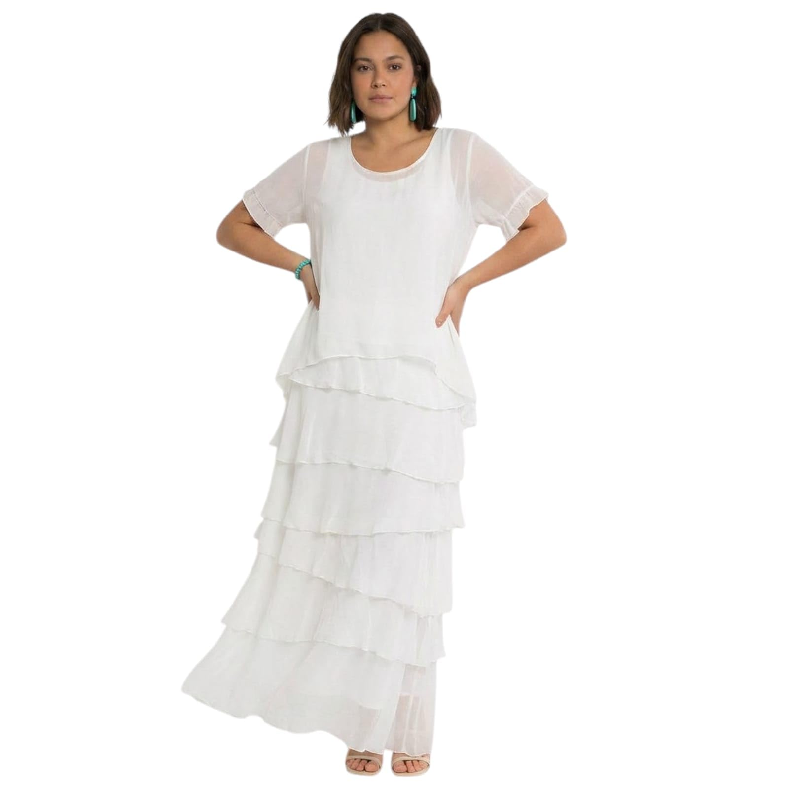 Alam Exclusive Women's White Italian Lagenlook Plain Short Sleeve Frill Frayed Detail Silk Midi Maxi Dress One Size (As8, Numeric, Numeric_8, Numeric_16, Regular, Regular, )