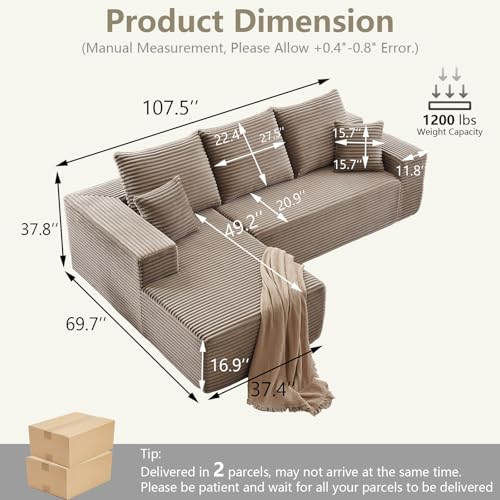 Image of 107 inch Cloud Sectional Couch with L-Shape Chaise, Modern Modular Comfy Sofa with Deep Seat, Upholstered Corduroy Couches Sleeper Chaise Longue for Living Room Bedroom, No Assembly Required, Camel