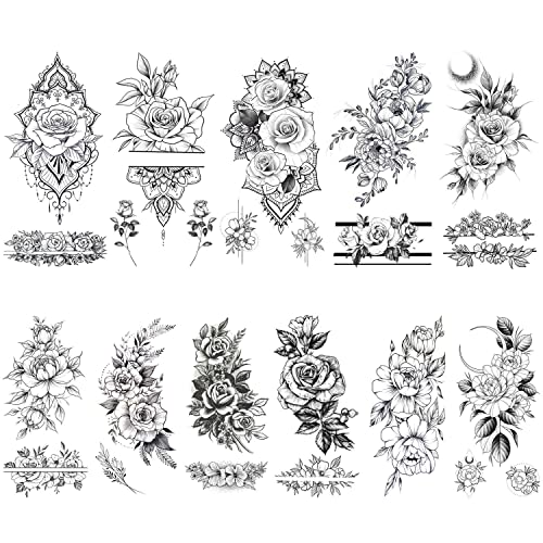 Glaryyears Flower Temporary Tattoos For Women, 11-Pack Henna Design Variety Pack Fake Tattoos, Long-Lasting Rose Floral Realistic Tattoos For Arm Shoulder Chest Body Wrist #TOP19