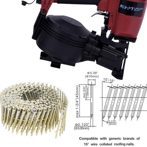 Image of Mexican Red CN45N Roofing Nailer, 15 Degree Roofing Nail Gun, 3 /4-Inch to 1-3 /4-Inch Coil Nails, 120-pcs Load Capacity Coil Nailer