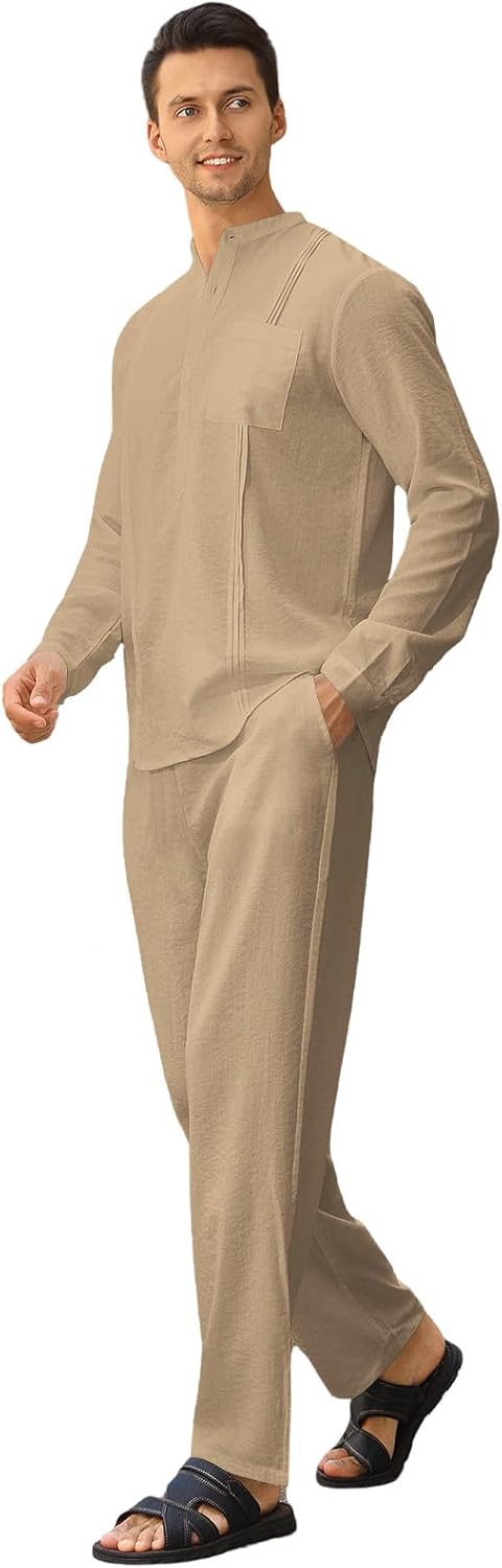 Men's 2 Piece Set Long Sleeve Casual Henley Shirts Loose Pants Set Lounge Vacation Outfits Summer Beach Set - Image 6