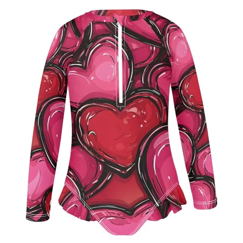 Girls One Piece Swimsuits Hearts Red Pattern Beach Swimwear Long Sleeve Bathing Suit2