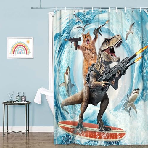 Image of Funny Cat Shower Curtain Set, Cute Cat Riding Dinosaur Surfing in Ocean Wave Ocean Theme Curtains for Bathroom, Surfer Dinosaur Nautical Polyester Fabric Waterproof Kids Bath Shower Curtain Decorative