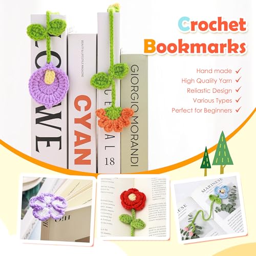 Image of Joyclub Crochet Kit for Beginners 10 Flower Bookmarks for Adults | Flower bookmark with video and written guidance; first projects and handmade gifts for crochet starter book lovers teacher