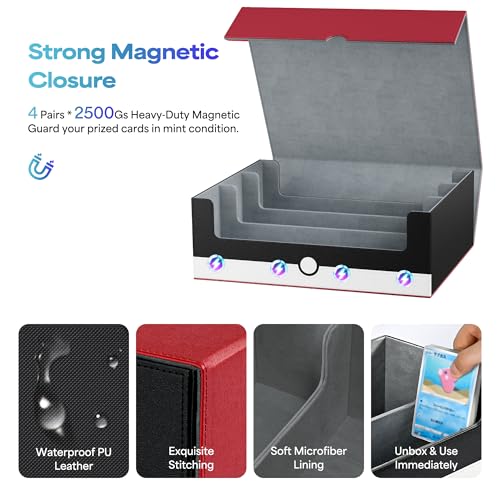 Image of UAONO Card Storage Box for Trading Cards, 1800+ PU Leather Commander Card Deck Case, Magnetic Closure Card Holder Fits for Magic Game Cards (Red&White)
