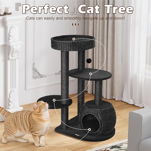 Image of KAMABOKO Modern Cat Tree, 39 inch Tall Cat Trees for Indoor Cats, Cat Condo Natural Sisal with Scratching Posts, Hand-Woven Tower & Top Perch, Cat-Tree for Kittens Climb Play & Rest Black