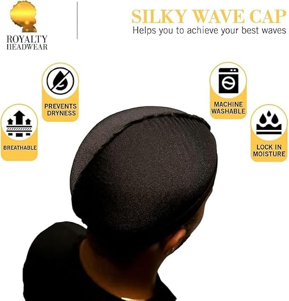 Royalty Headwear Silky Wave Cap for 360, 540 & 720 Waves, Soft Breathable Durag Skull Cap Beanie for Men (US, Alpha, One Size, Black) - 2