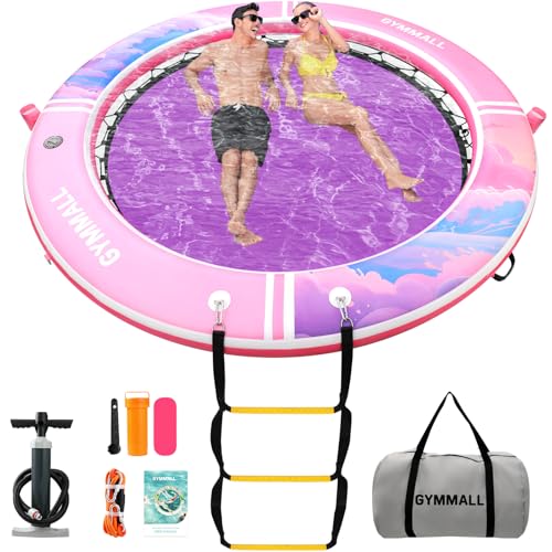 Image of Inflatable Water Hammock Floating Dock 8 FT with Mesh, Tanning Pool Raft Round Ring for Adults, Float Platform for Lake and Beach with Water Ladder and Cup Holder