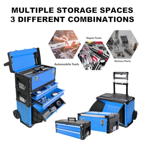 Image of Stackable Rolling Tool Box Portable Metal Toolbox Organizer with Wheels and 2 Drawers Separate Rolling Upright Trolley Tool Chest for Garage or Workshop, Blue