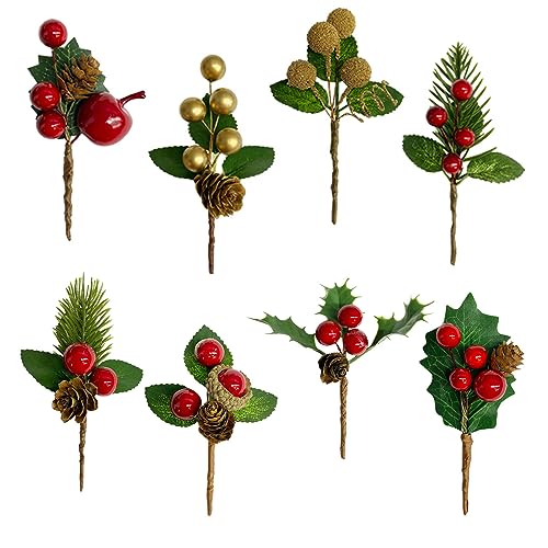 16 Piezas Ramas de Pino Navideña Artificial, Decoración de Ramas de Pino Bayas de Navidad Piñas Artificiales Ramas Decorativas Adornos para Regalos, Coronas y Decoraciones Nnavidad