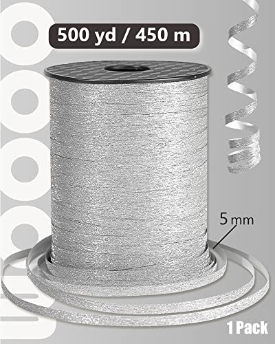 Image of PartyWoo Silver Glitter Ribbon - 500 Yard Curling Ribbon for Balloons, Crafts, Gift Wrapping, Weddings & Floristry (1 Roll)