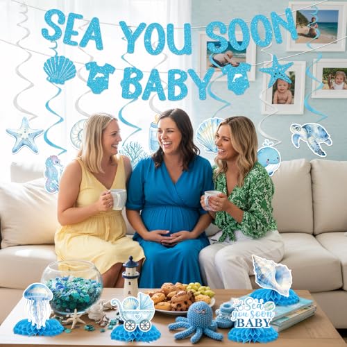 Image of Under The Sea Party Decorations - 14 Pcs Sea You Soon Baby Shower Banner Hanging Swirls Honeycomb Decorations, Blue Summer Ocean Seashell Theme Decor Supplies for Boys Girls