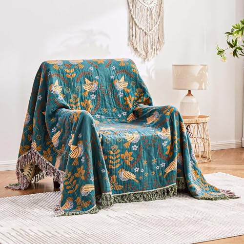 Image of XIBLC Boho Throw Blanket, 100% Cotton Ultra Soft Luxury Throw Rustic Quilt, 50 inchx60 inch Floral Printed Farmhouse Decor Bed Summer Blankets, All Season Reversible Bohemian Throw for Bed