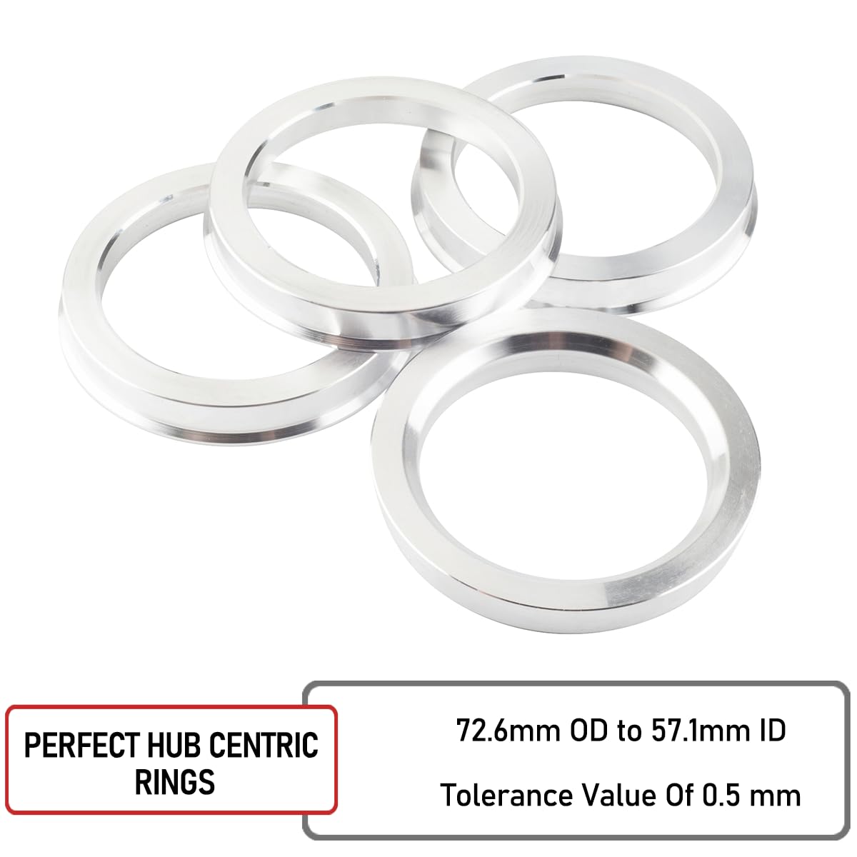 Rhinotuning 4 x pierścienie centrujące Ø 72,6 mm na Ø 57,1 mm, srebrne aluminium