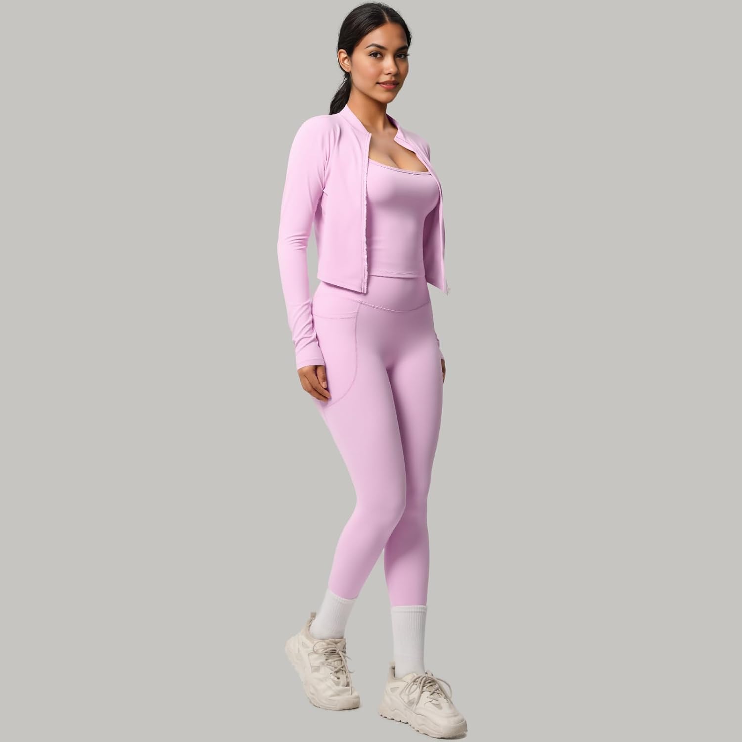 3-Piece Women’s Workout Set – Zip Jacket, Strappy Tank & High-Waist Pocket Leggings – Stretchy Outfit