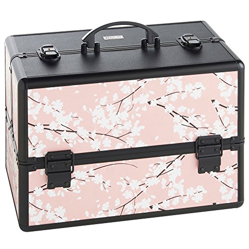 Beautify Large Cosmetic Organizer Case - 14" Professional Aluminum Makeup Storage Box (Pink Blossom Beauty Train Case with Lock)