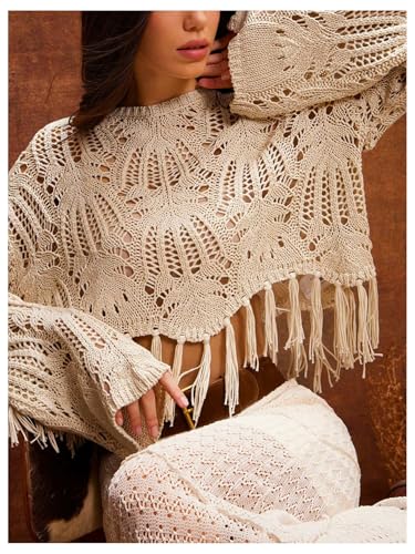 GORGLITTER Women's Crochet Lightweight Sweaters Boho Fringe Hollow Out Long Sleeve Poncho Trendy Pullover Crop Tops4