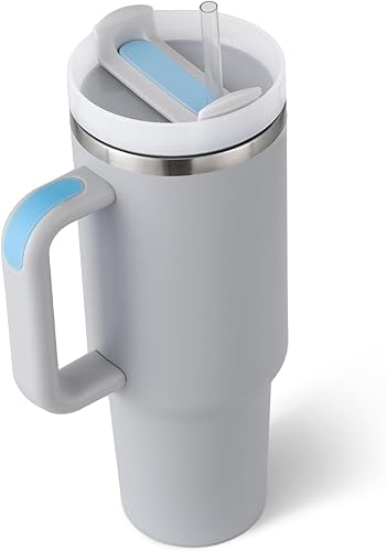 Ochapa Vaso de 40 onzas con asa, popote aislado, de acero inoxidable, a prueba de fugas, taza de café al vacío con tapa, regalos para amigos y
