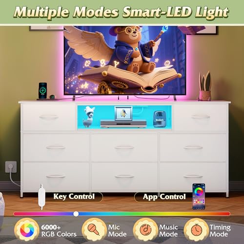 Image of WLIVE LED Dresser TV Stand for 65 Inch TV, 8 Drawers, White | Fits TVs up to 65 inch, 8 fabric drawers, LED chest of drawers, Built-in power outlet, Living room or bedroom