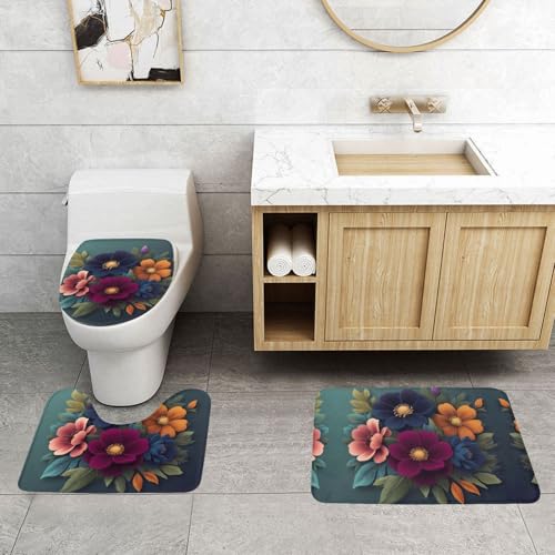 Tapis de salle de bain antidérapant lot de 3 velours lavable fleurs