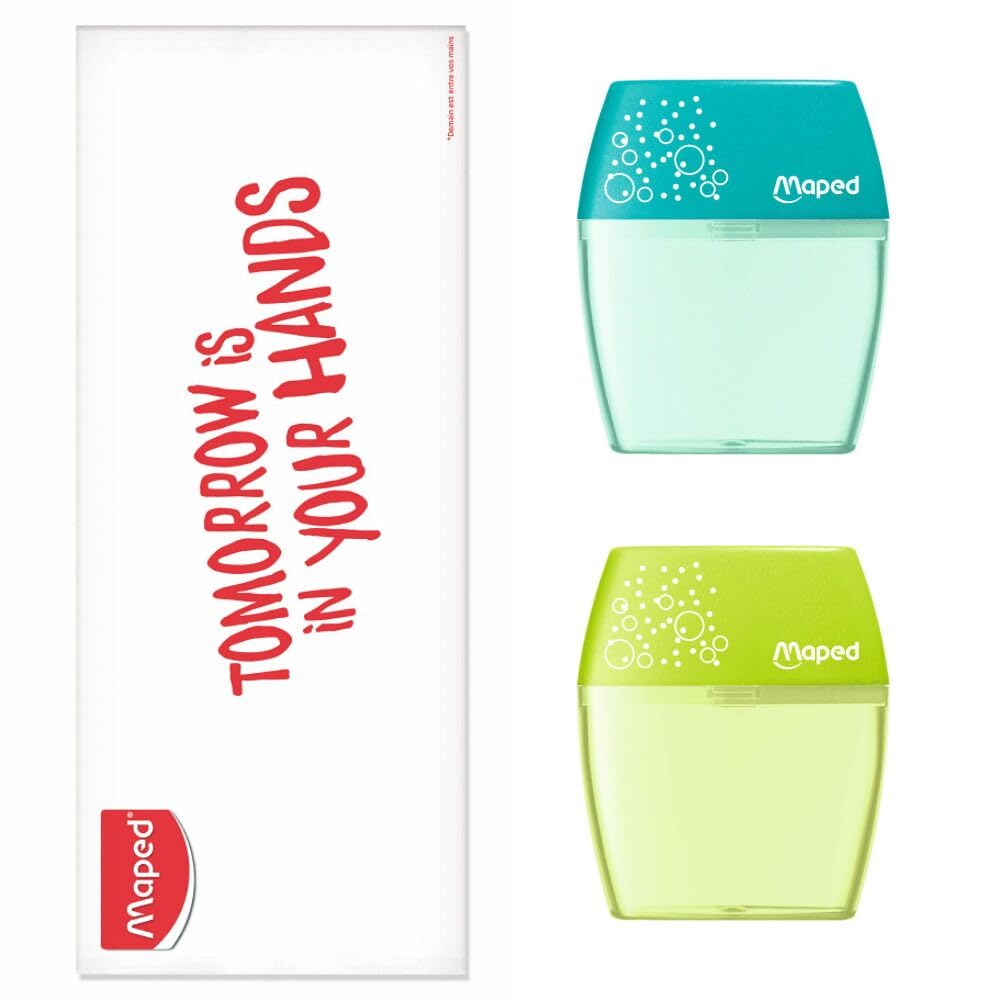 Maped - Set of 2 Shaker Pencil Sharpeners - 2 Holes and Translucent Reservoir - Blue and Green
