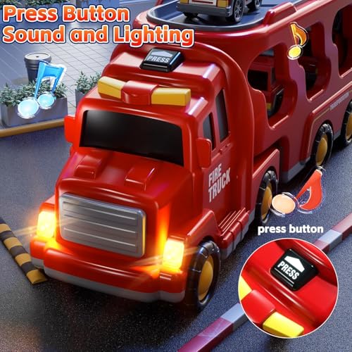 Image of Mini Explorer 5-in-1 Fire Truck Toy Set for Kids | Fire Car Carrier Vehicle with Lights & Sound | Emergency Rescue Transport Toy for Toddlers Girls Boys Ages 1-6 Years, Red