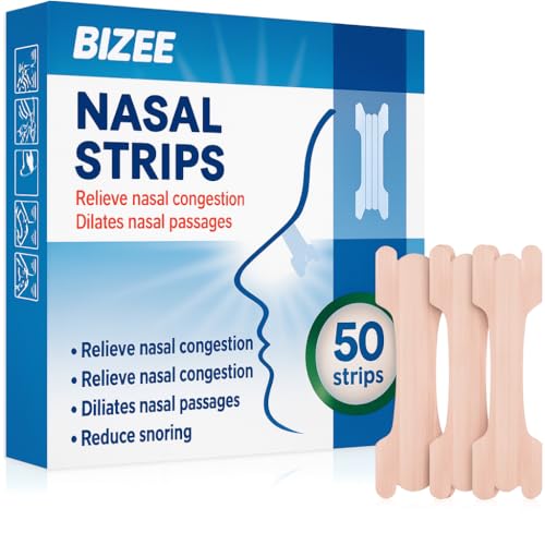BIZEE Nasal Strips 50 Pcs Nose Strips for Snoring Relief, Anti-Snoring Devices for Men and Women, Drug-Free Nose Strips to Relieve Congestion from Colds or Allergies,Snore Strips for Sports and Sleep