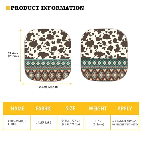 Image of Aztec Cow Print Car Sun Shade for Windshield Foldable Sunshade Front Window Cover Sun Visor Heat and UV Rays That Keeps Vehicle Cool Universal Vehicle Accessories 28.5 x 25.5 inches
