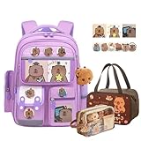 JIABAOZ Capybara Rucksack Groß, Capybara Rucksack Kinder Set mit Federmäppchen & Lunchpaket,Schulrucksack Teenager,Schulrucksack für Jungen und Mädchen (Purple)