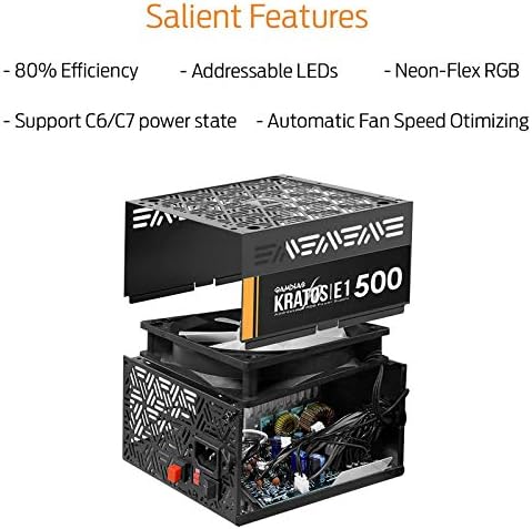Exploded diagram of Gamdias Kratos E1-500 Power Supply showing 80% Efficiency, Addressable LEDs, Neon-Flex RGB, C6/C7 power state support, and Automatic Fan Speed Optimizing