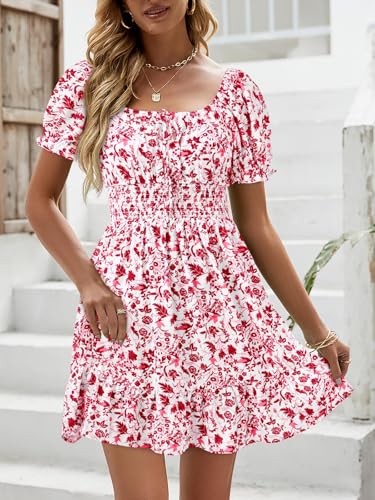Image of Womens Babydoll Mini Dress Casual Square Neck Short Sleeve Summer Dresses | Empire Waist, Smocked, Flowy, Short Beach Dress, Vacation, Floral, Boho