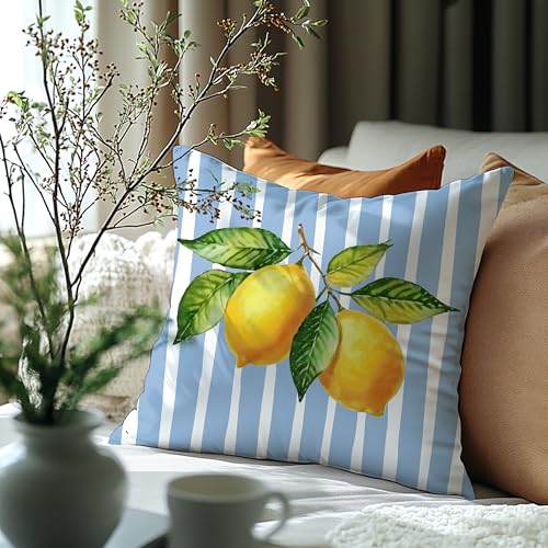 Image of Blue and Yellow Summer Italian Mediterranean Amalfi Coast Lemon Pillow Cover Decor 18x18,Italian Striped Decorative Throw Pillow Cover Decor for Couch Double-Sided
