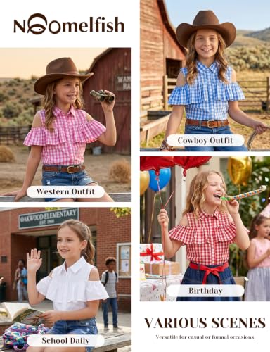 Image of Noomelfish Girls Ruffle Cold Shoulder Top Blouse Short Sleeve Button Down Shirts (4-12 Years)