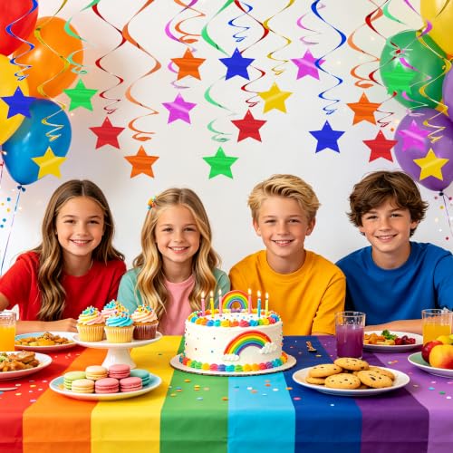 Image of BEISHID Assorted Rainbow Pre-Strung Stars Hanging Swirls Rainbow Hanging Decorations for Baby Shower Wedding Birthday Party Decorations Supplies,Pack of 18