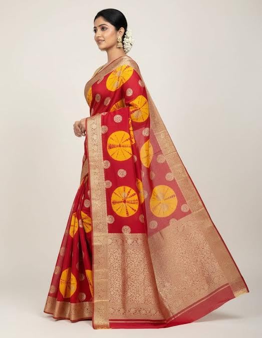 Image of Women's Georgette Batik Print Saree with Woven Zari Border Traditional Saree for Wedding Festival Use